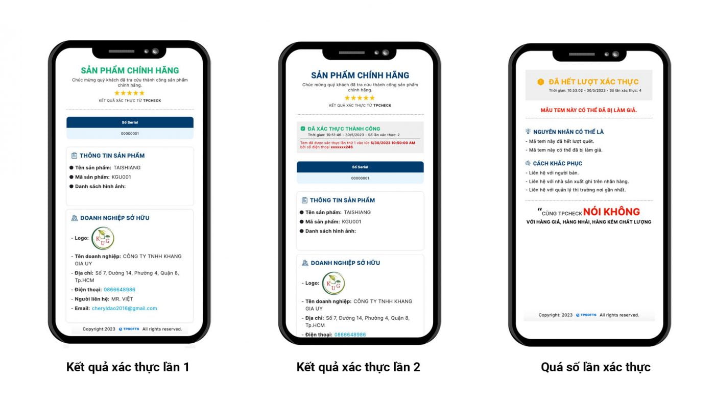 Kết quả xác thực nguồn gốc sản phẩm Công ty TNHH Khang Gia Uy bằng QR code