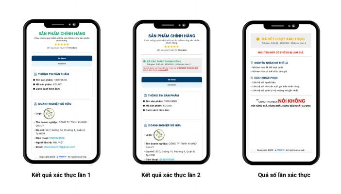 Kết quả xác thực nguồn gốc sản phẩm Công ty TNHH Khang Gia Uy bằng QR code